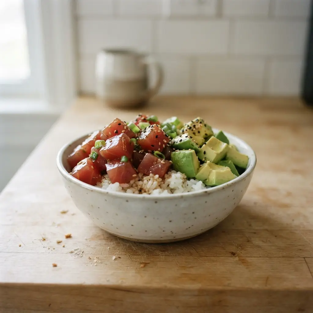 A Hawaiian-style poke bowl with fresh tuna, creamy avocado cubes, rice, and colorful toppings.