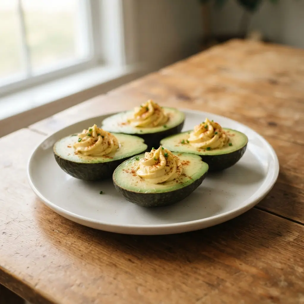 Four halved avocados filled with a creamy, zesty deviled egg-style filling and a sprinkle of paprika.