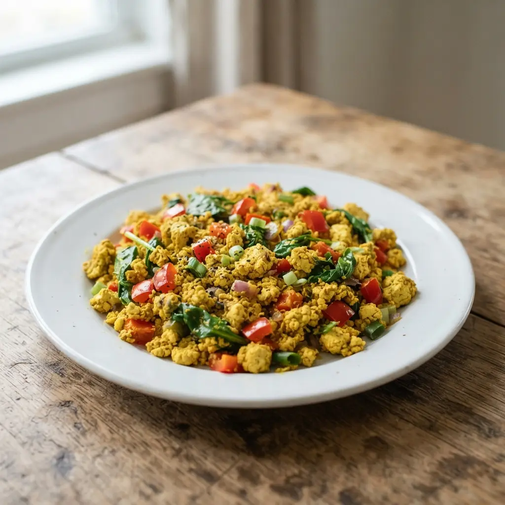 A vibrant vegan breakfast platter with a golden turmeric tofu scramble, sliced tomatoes, and avocado on a white plate.