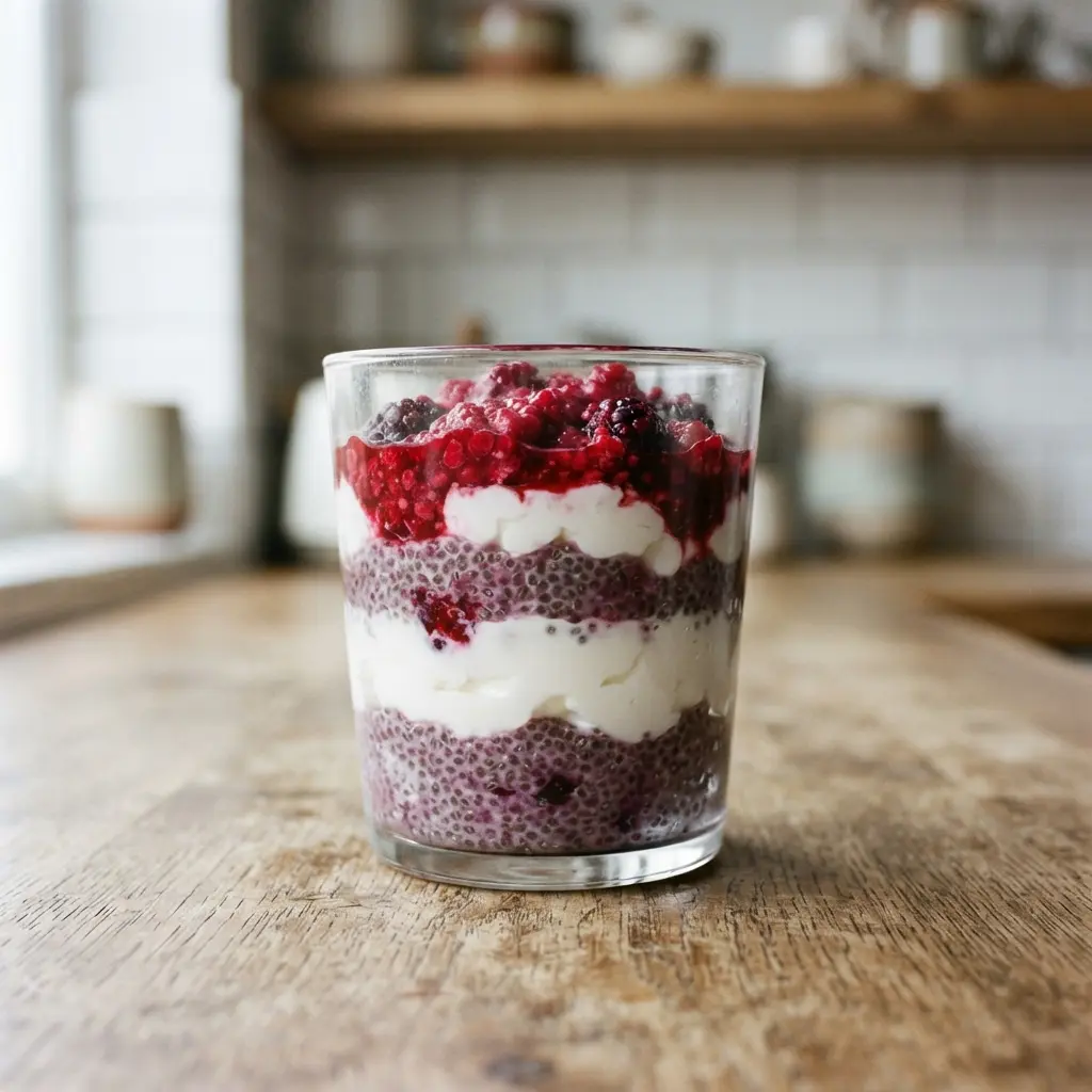 A colorful breakfast parfait in a glass jar with creamy yogurt, chia seed pudding, and layers of fresh strawberries and blueberries.