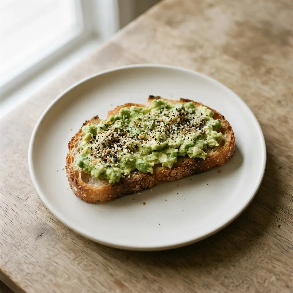 Two slices of rustic sourdough toast topped with creamy smashed avocado and a generous sprinkle of everything bagel seasoning.