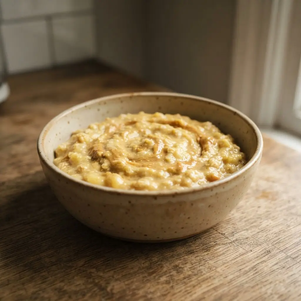 A comforting bowl of creamy oatmeal drizzled with peanut butter and topped with fresh banana slices and a sprinkle of cinnamon.