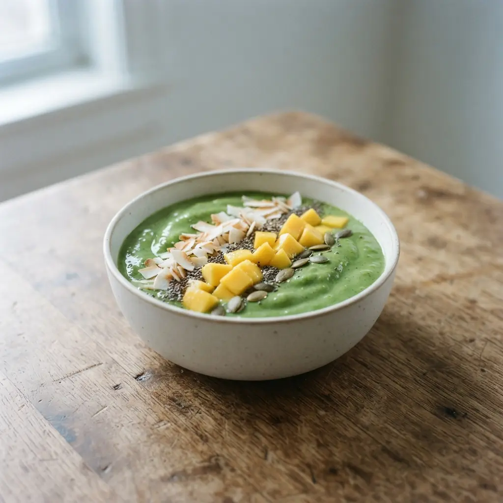 A bright green smoothie bowl made with spinach and mango, topped with kiwi slices, shredded coconut, and pumpkin seeds.