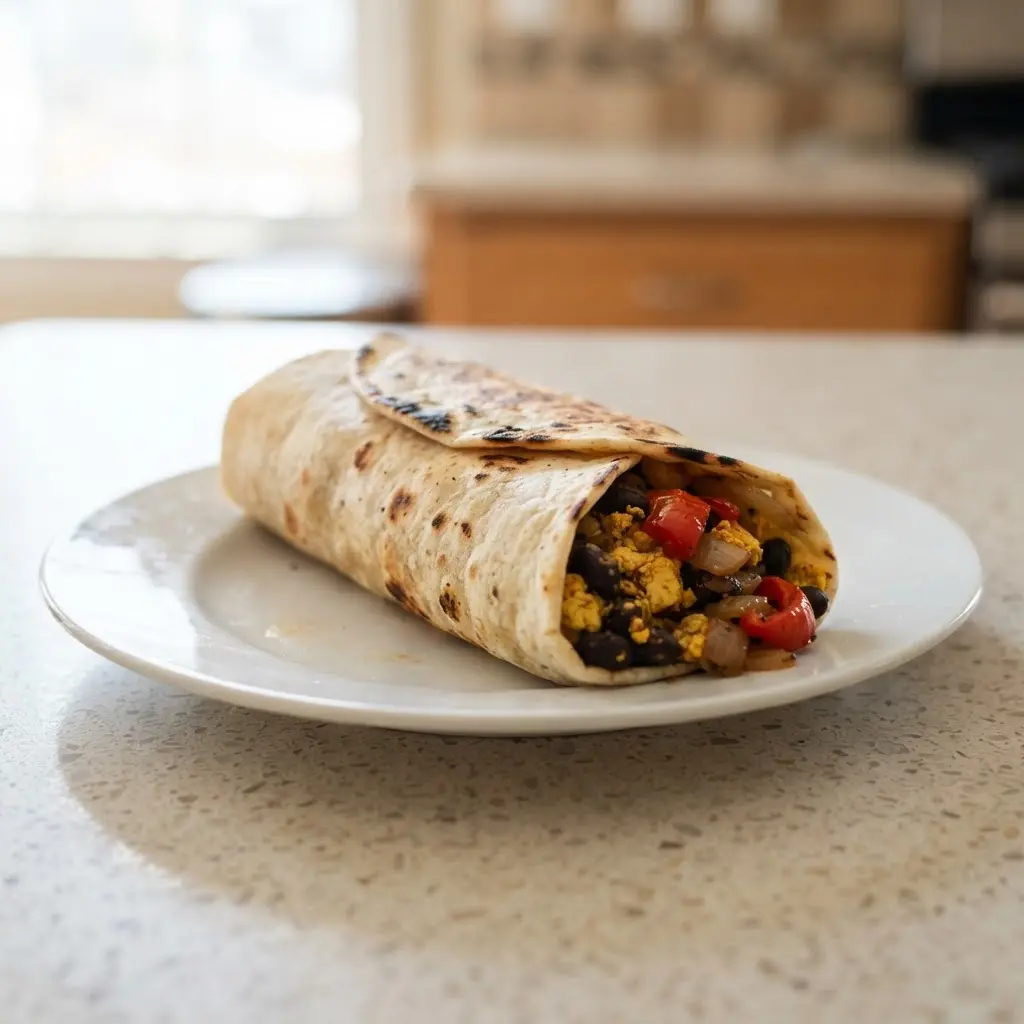 A golden brown breakfast burrito wrap on a wooden board, sliced in half to show a filling of seasoned black beans, corn, and fresh salsa.
