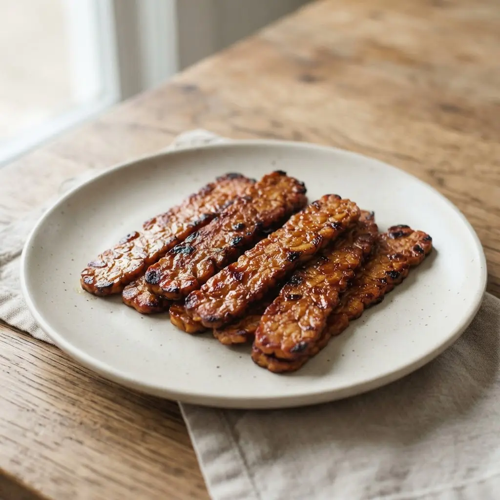 Crispy maple-glazed tempeh bacon strips arranged on a plate beside a stack of whole-grain pancakes.