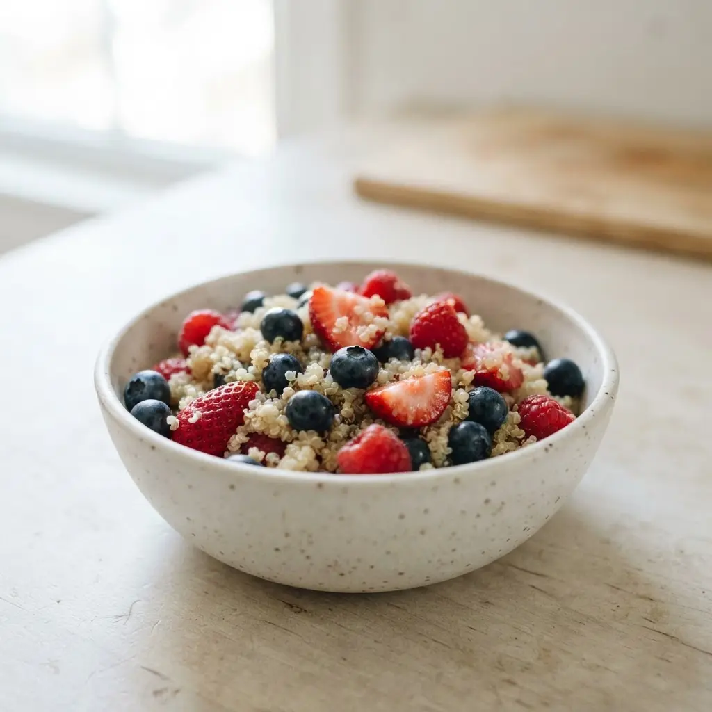 A refreshing breakfast bowl with fluffy quinoa, fresh blueberries, raspberries, and pomegranate seeds, drizzled with a lime dressing.