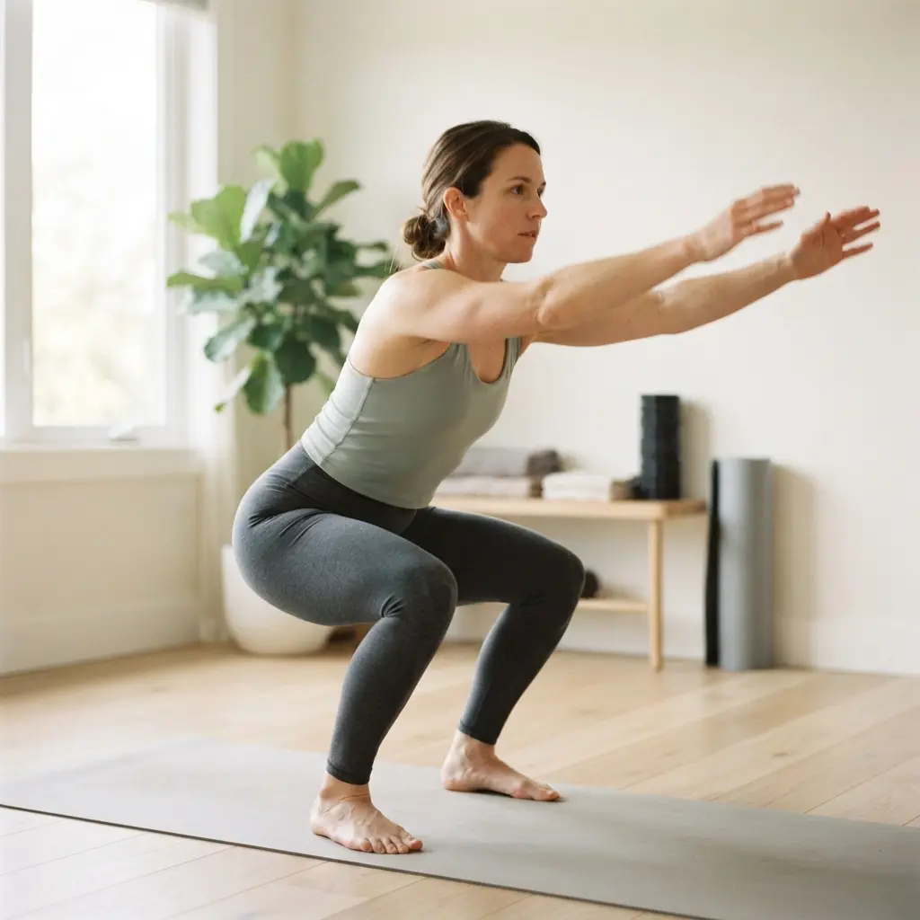 A woman doing squats to build lower body muscle and improve skin firmness, a natural way to beat cellulite.