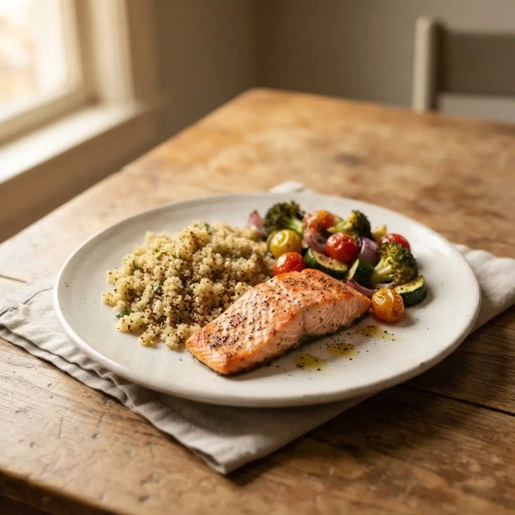 A balanced meal rich in protein, whole grains, and colorful vegetables to support skin health from within.