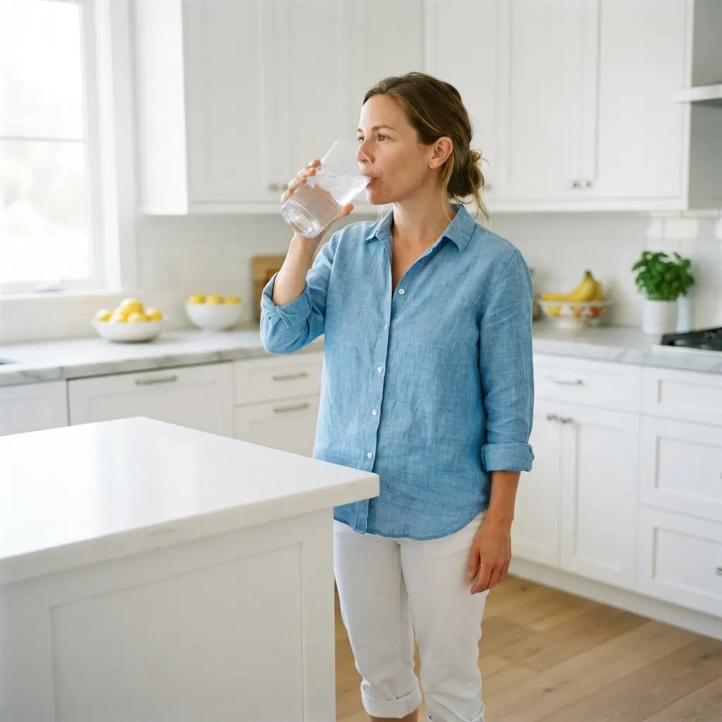 A person hydrating with water, essential for maintaining skin elasticity and supporting the body's natural detoxification.