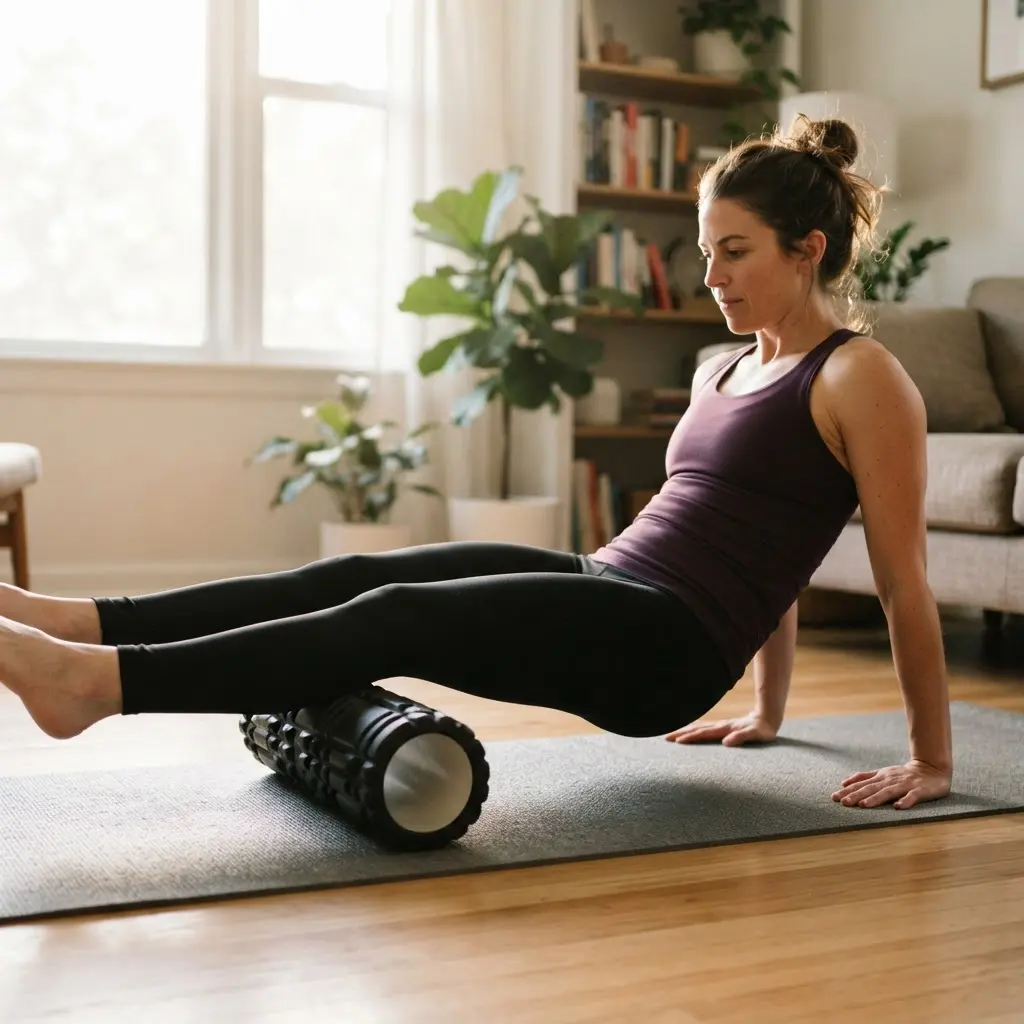 Using a foam roller for self-massage to increase blood flow, a helpful technique for managing cellulite.
