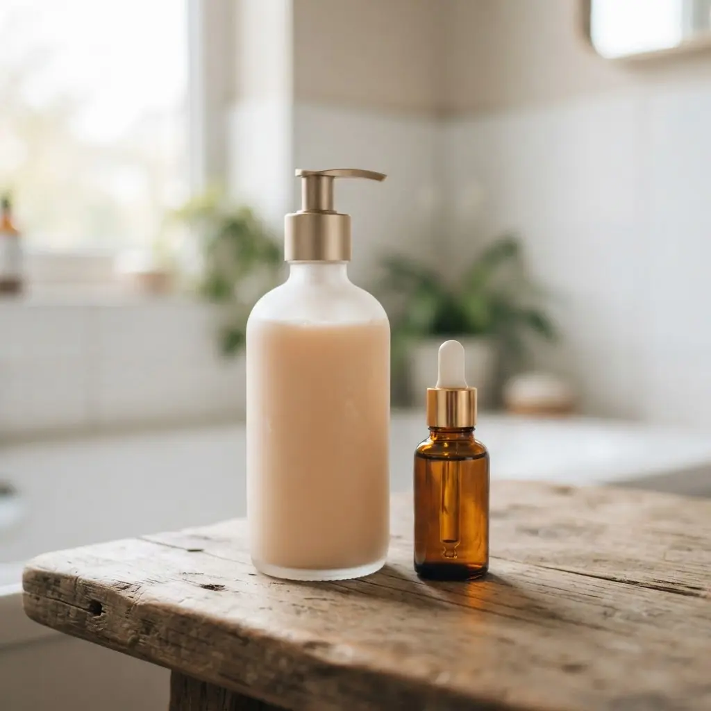 Bottles of lotion featuring ingredients like caffeine known for their temporary skin-firming effects.