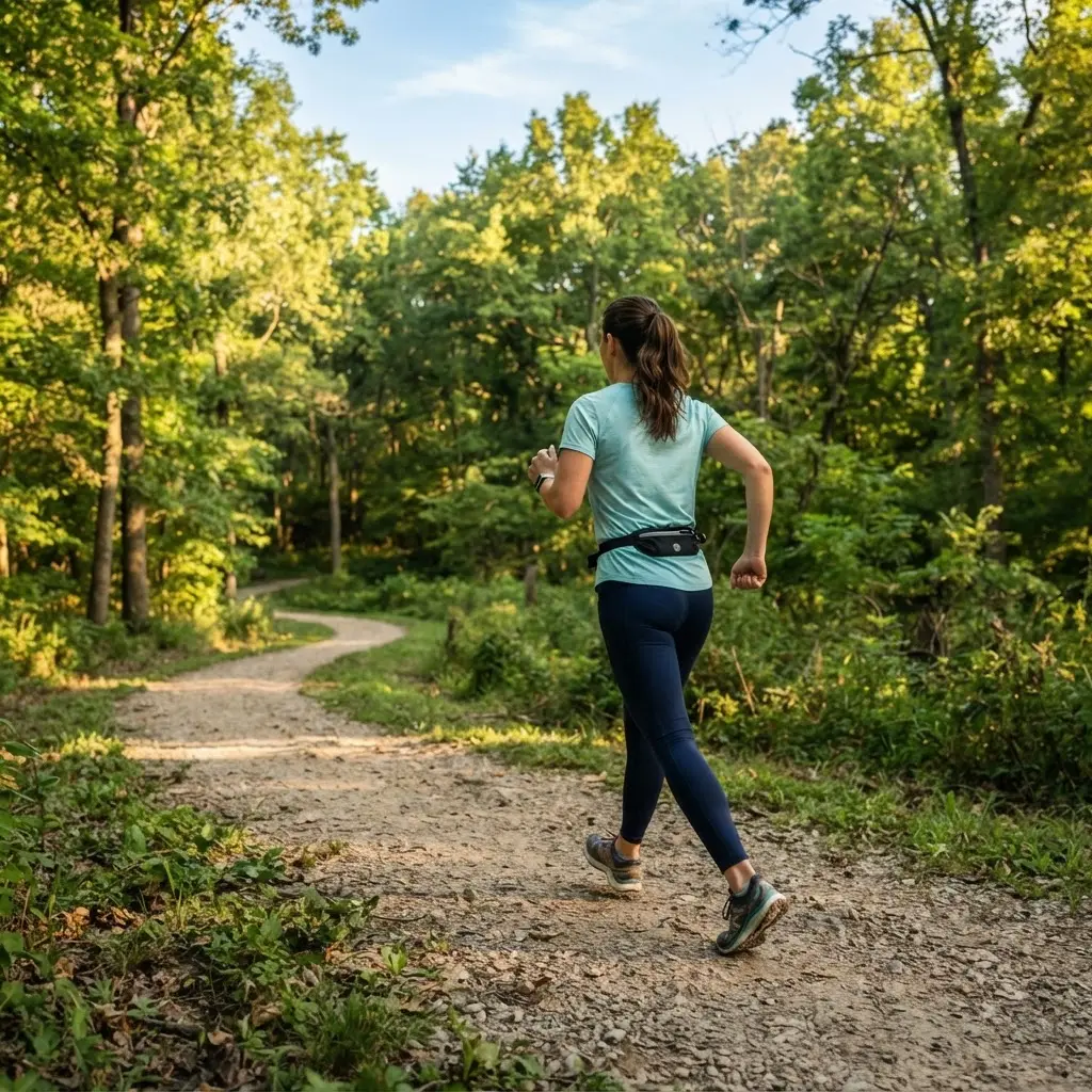 A woman on a brisk walk, an excellent cardio activity to promote healthy blood circulation.