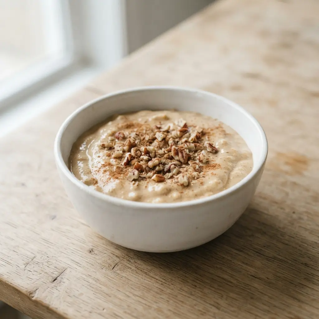 A creamy, spiced smoothie bowl with a gingerbread flavor, garnished with chopped nuts and cinnamon.
