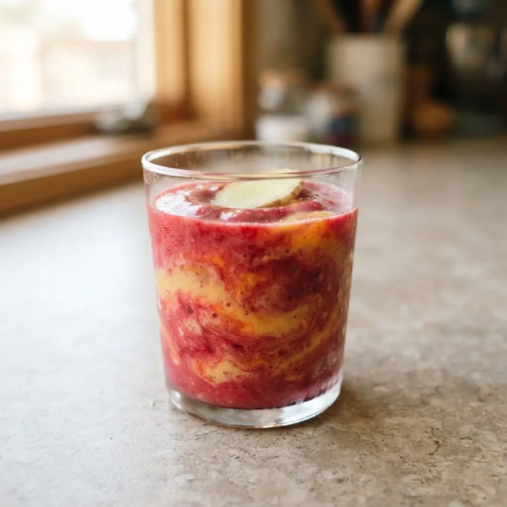 A bright red winter smoothie made with cranberries, orange, and fresh ginger.