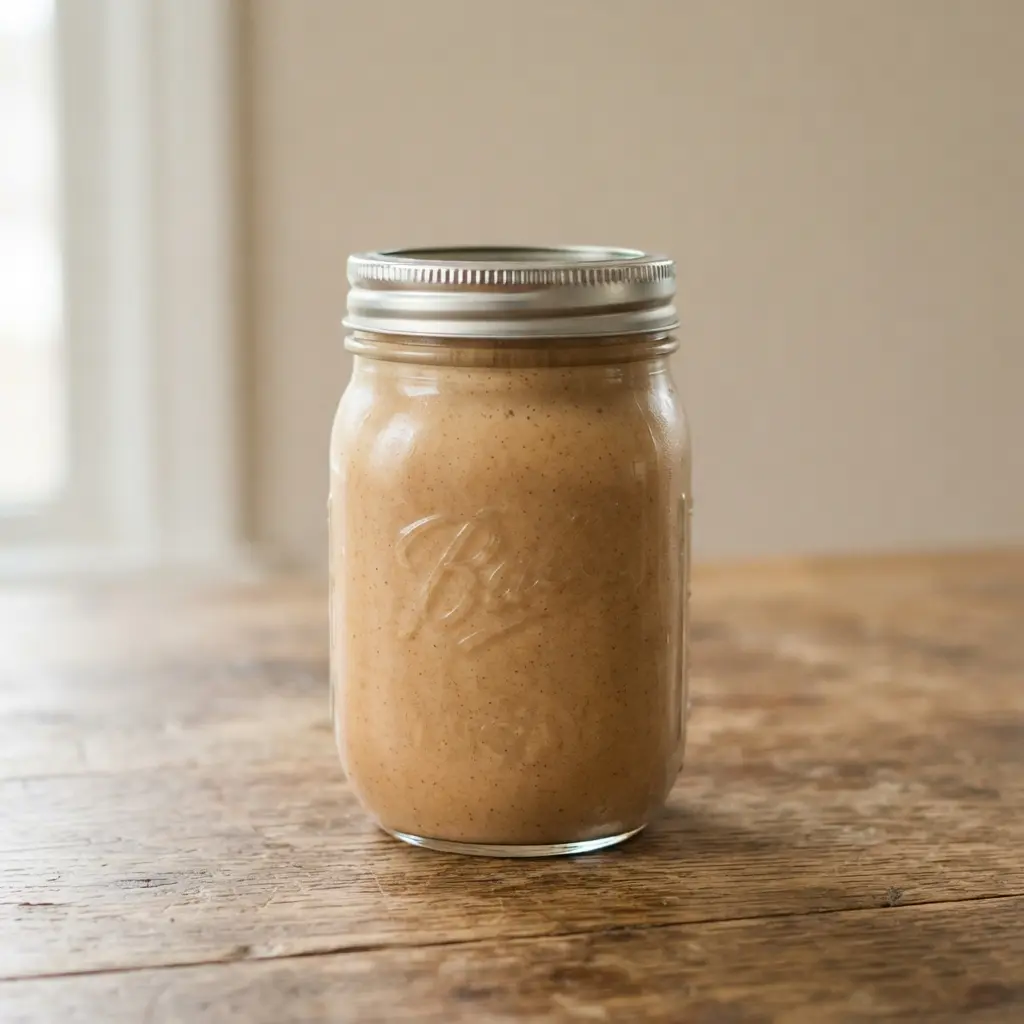 A thick and creamy protein smoothie with flavors of spiced apple and pecan.