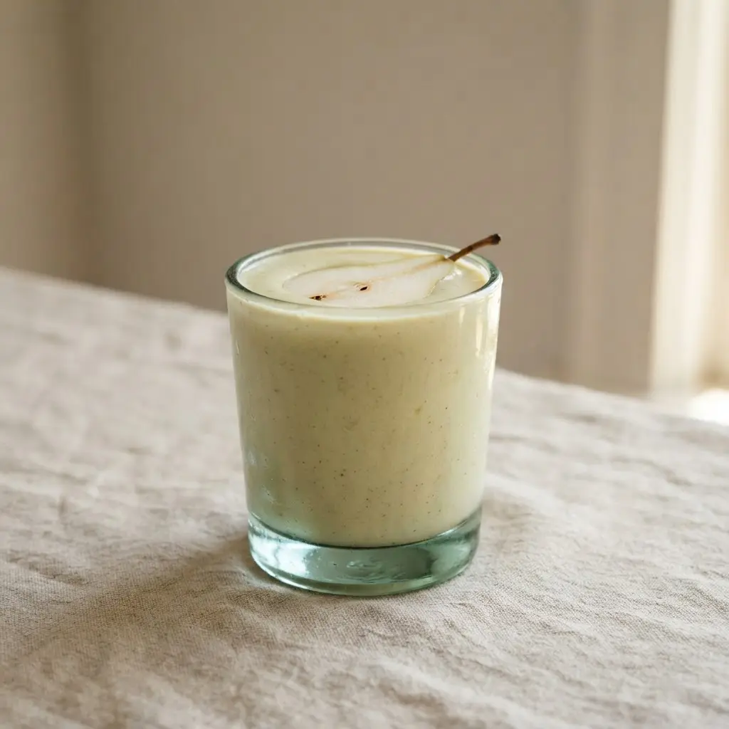 A smooth, creamy pear smoothie infused with the warm, floral notes of cardamom.