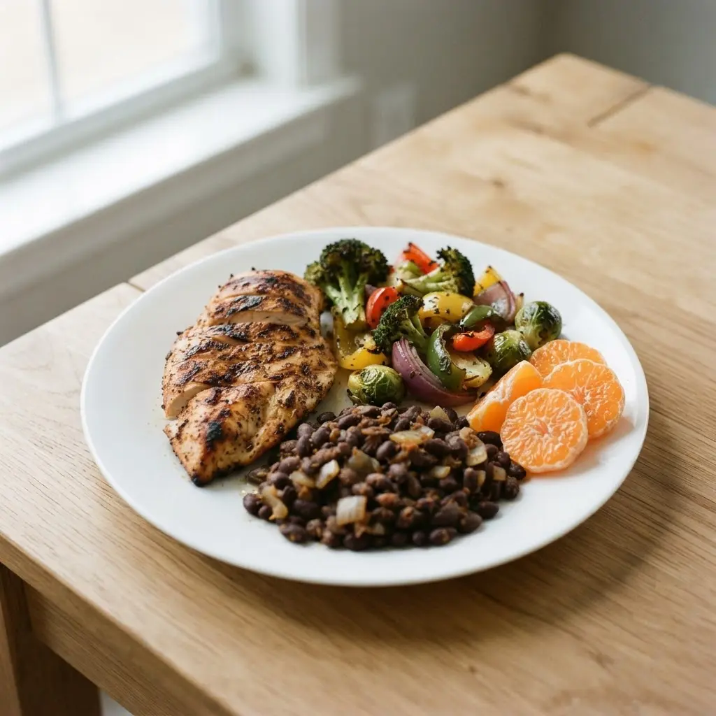 A colorful plate with salad, beans, grilled chicken, and fruit for the 80/20 diet rule.