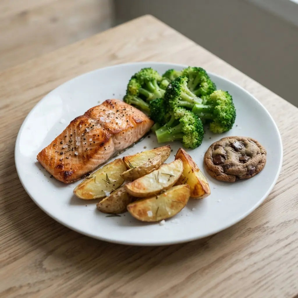 A plate holds vegetables, salmon, potatoes, and a small cookie for the 80/20 diet rule.