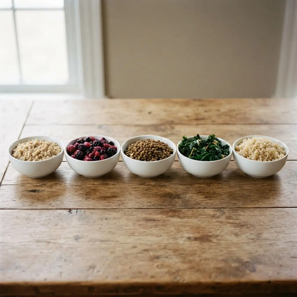 Bowls of oats, berries, lentils, leafy greens, and brown rice arranged on a table.