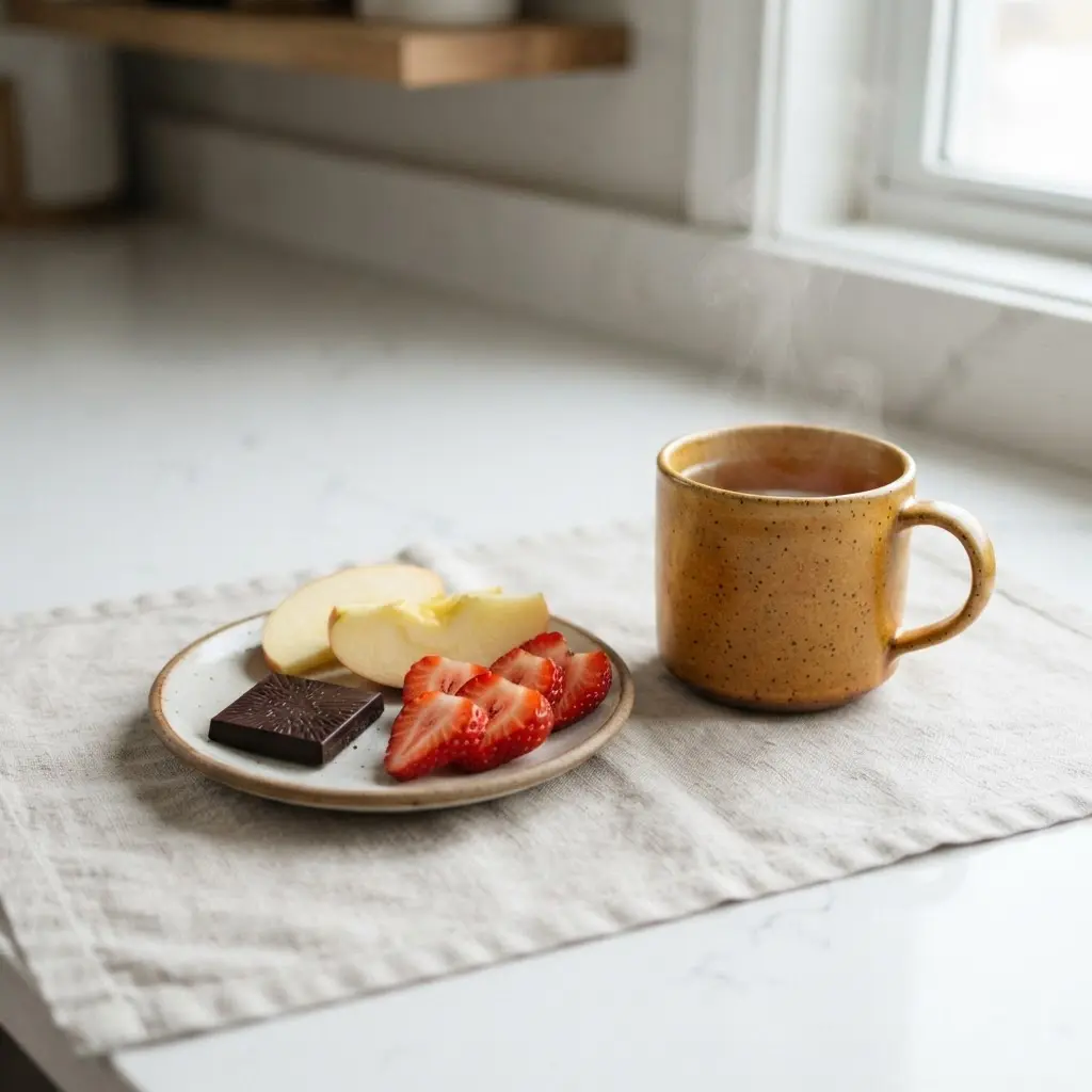 A small square of dark chocolate beside sliced fruit and herbal tea for the 80/20 diet rule.