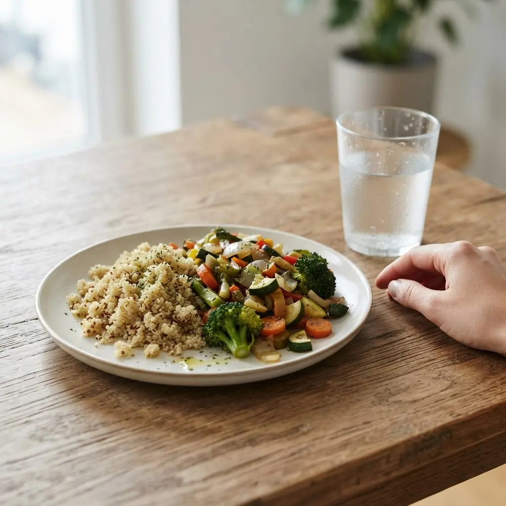 A person pauses beside a plated meal with vegetables, grains, and a glass of water.