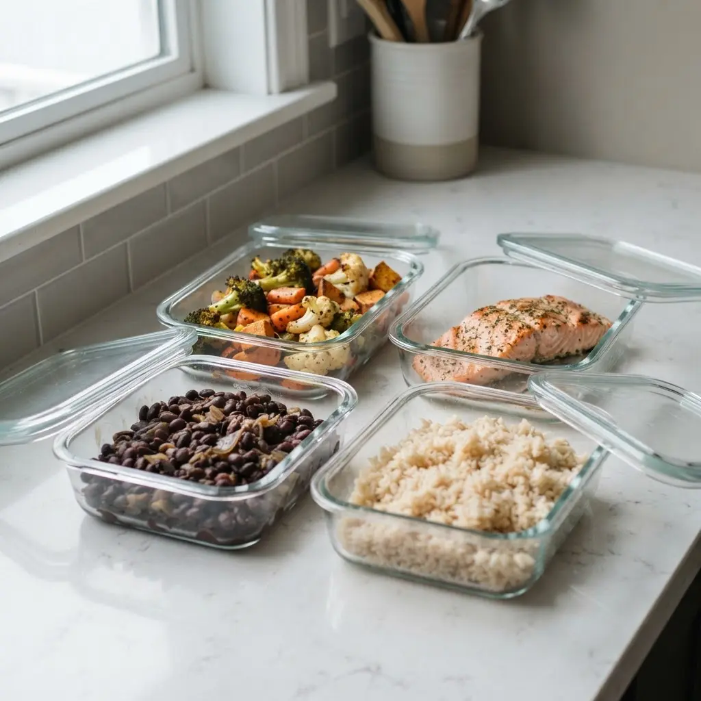 Meal containers hold roasted vegetables, brown rice, beans, and grilled fish for the 80/20 diet rule.