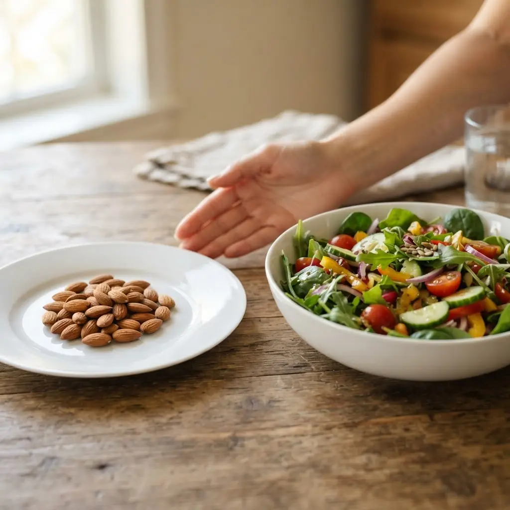 A hand compares a serving of nuts with a full bowl of salad using two plates on a kitchen table.