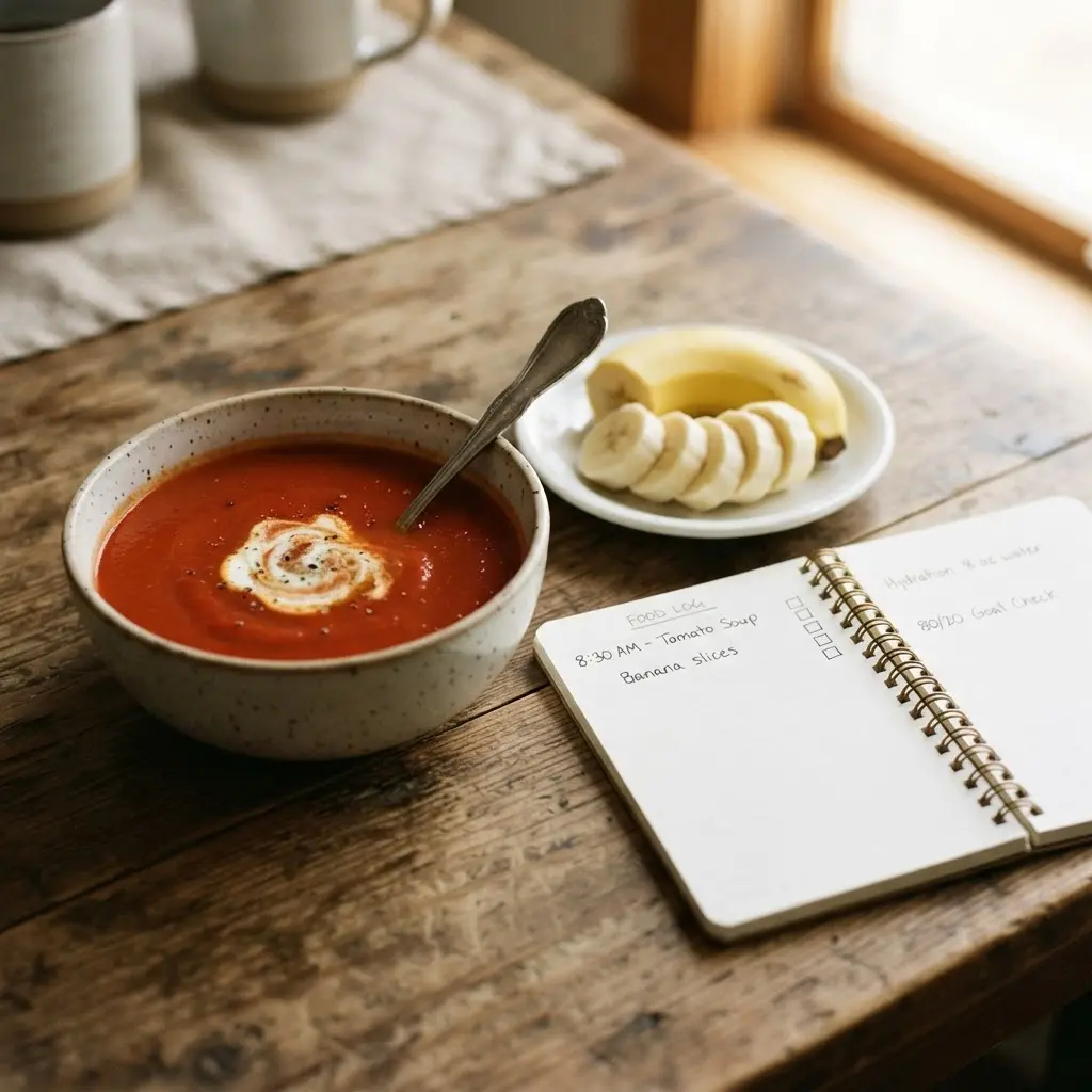 A notebook, spoon, and bowl of soup sit beside fruit and a glass of water during a quiet meal.