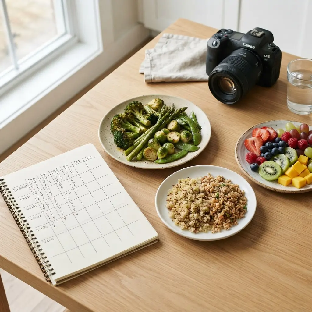 A weekly food log lists meals beside colorful plates of vegetables, grains, and fruit.