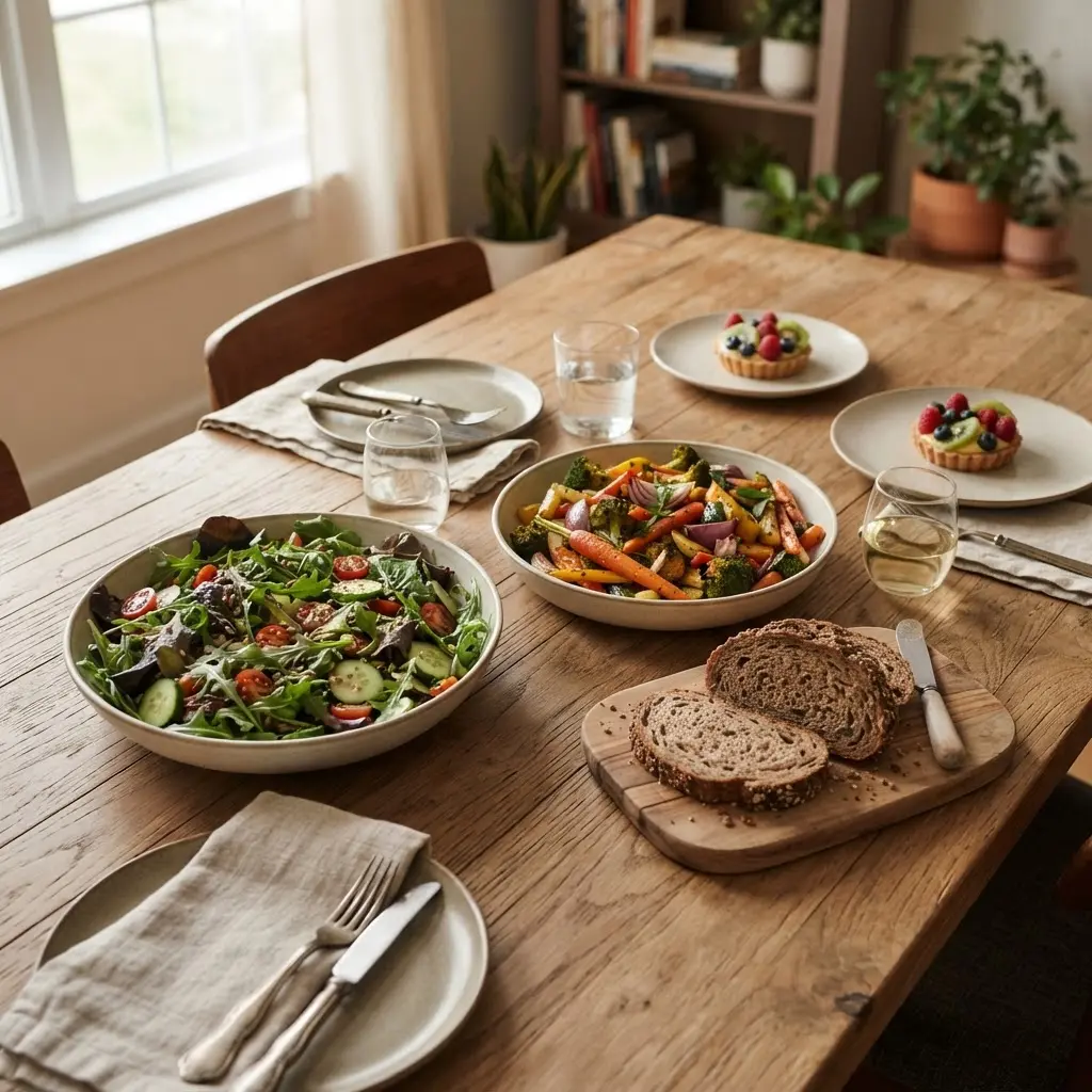 Friends share salads, roasted vegetables, bread, and small dessert plates around a table.