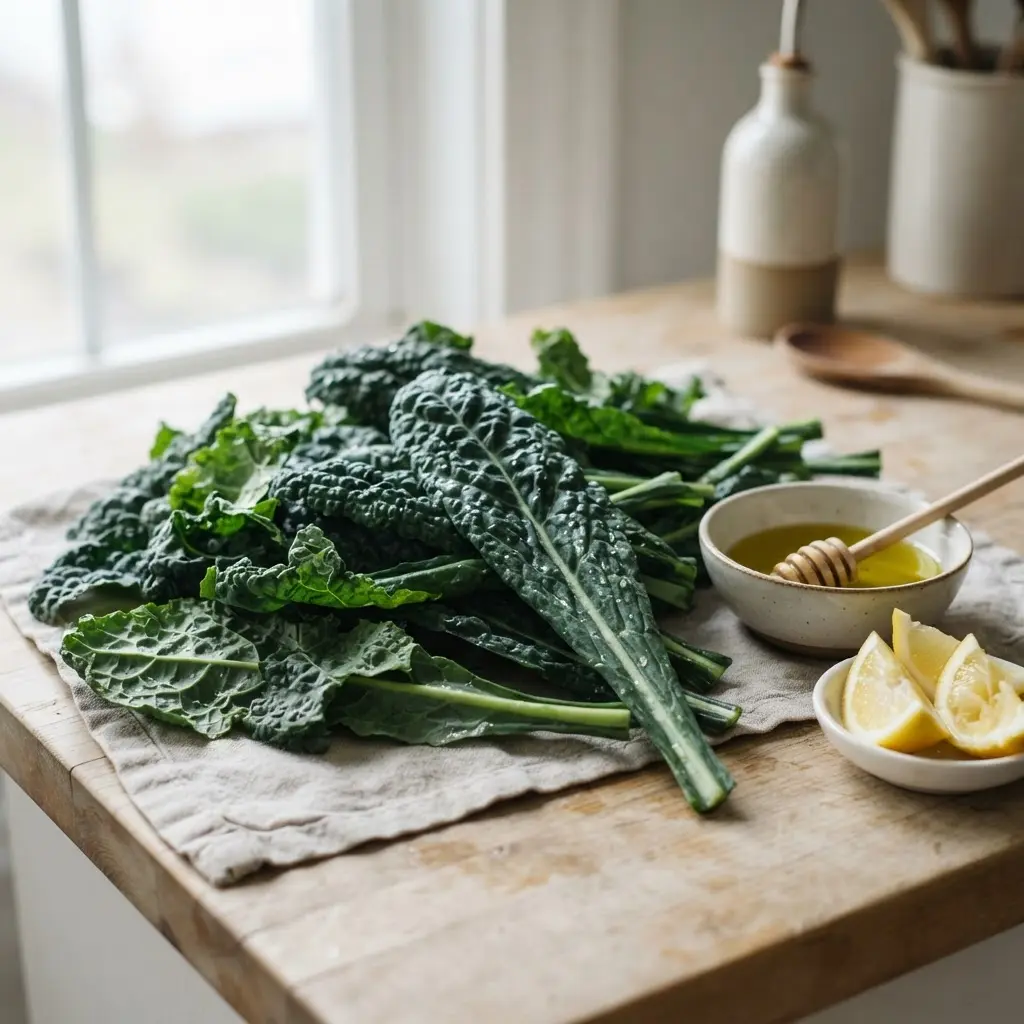 Washed kale leaves with stems removed beside olive oil and lemon for easy kale preparation.