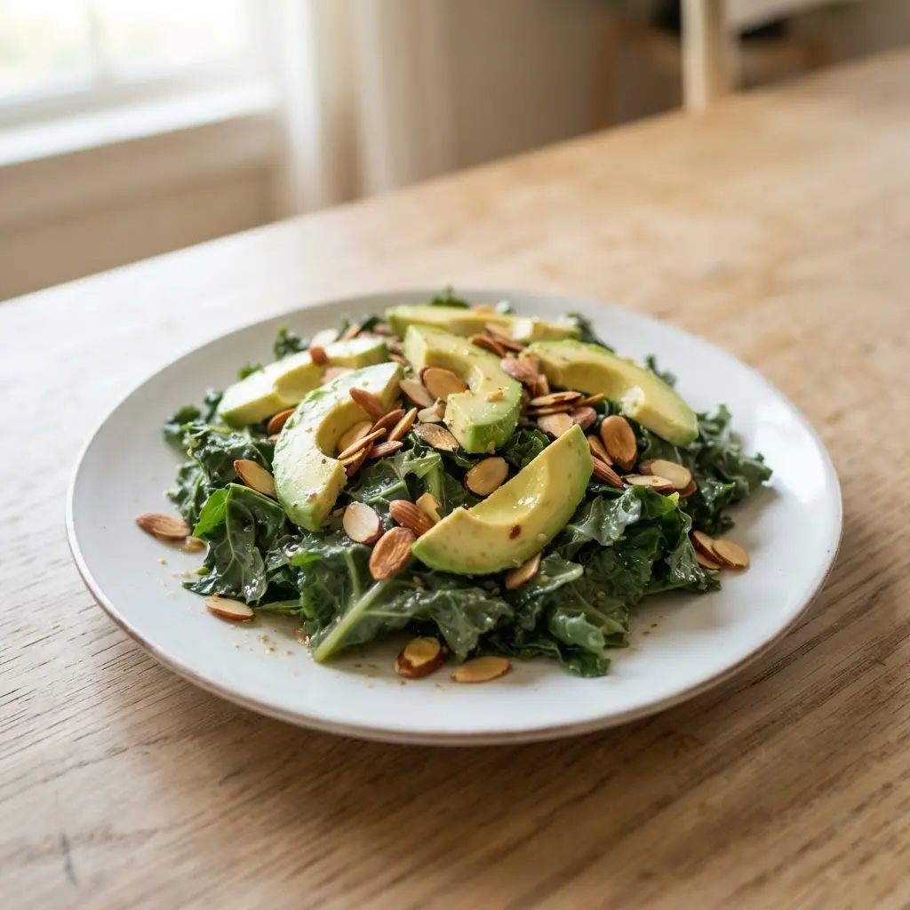 Steamed green leaves beside avocado slices and toasted almonds on a white plate in daylight.