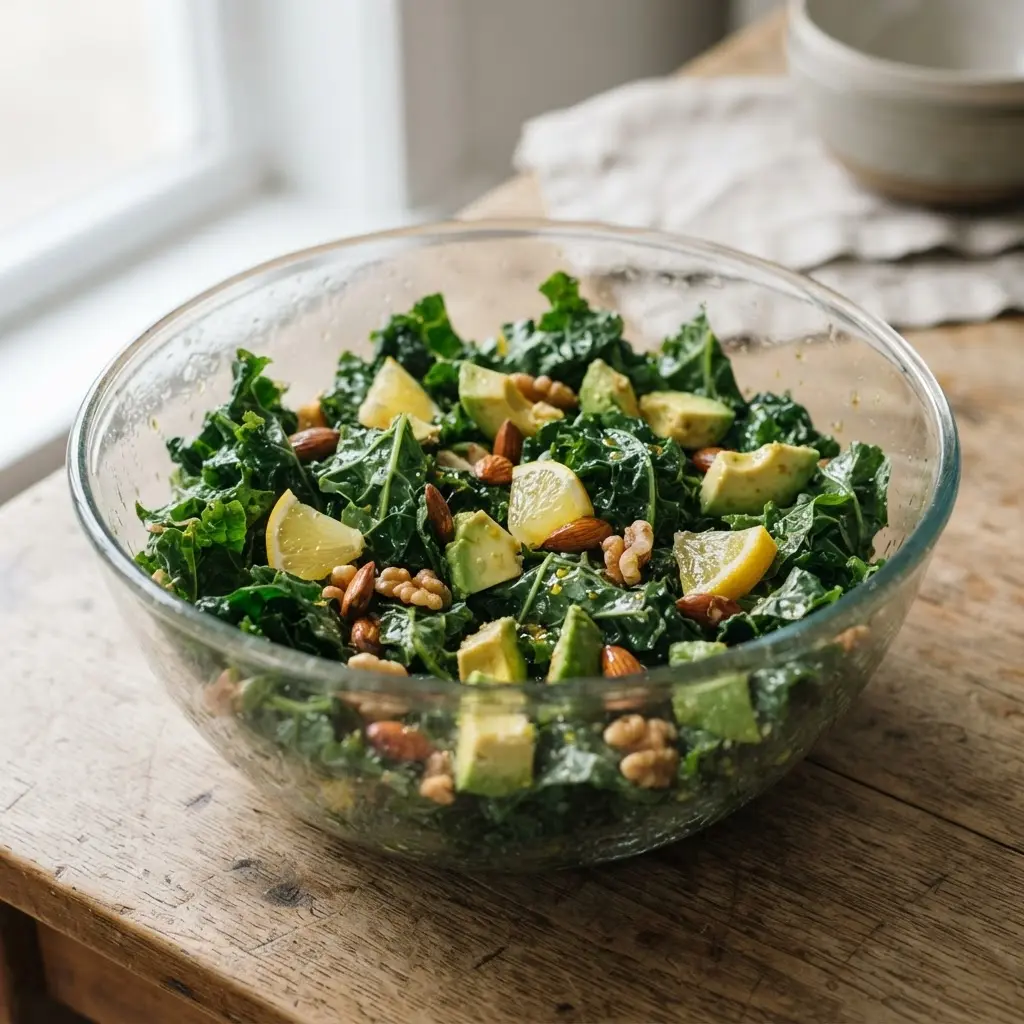 Raw kale salad with lemon, avocado, and toasted nuts showing balanced flavor pairings.