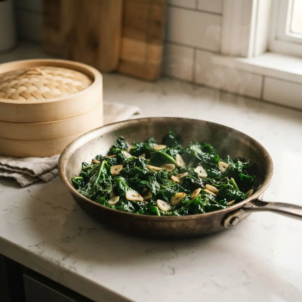 A skillet of softly cooked greens with garlic beside a covered steamer basket in daylight.