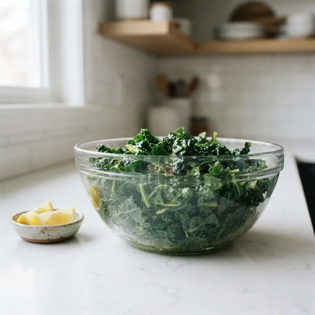 Hands gently rubbing leafy greens with olive oil in a glass bowl beside lemon wedges.
