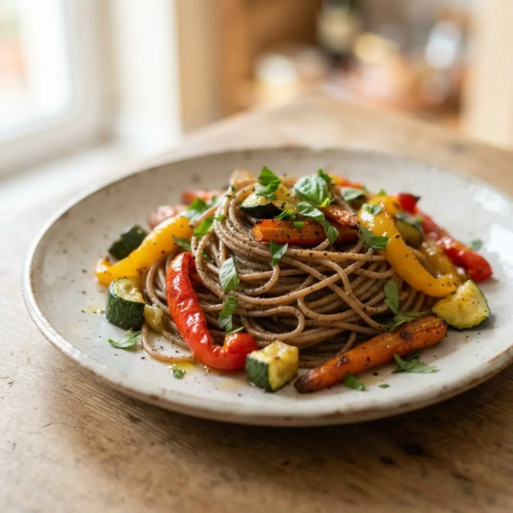 Healthy pasta with whole wheat spaghetti, roasted peppers, zucchini, and carrots on a white plate.