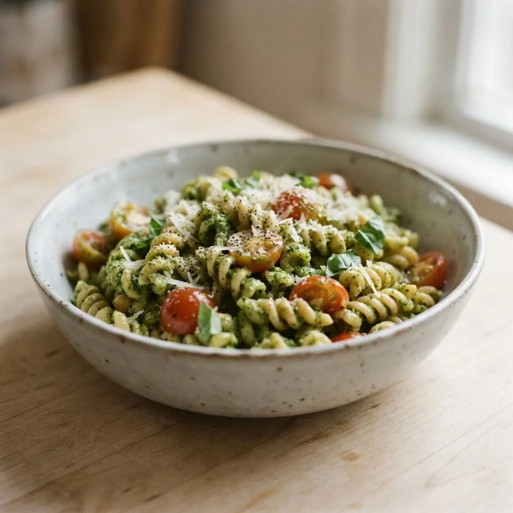Chickpea pasta topped with fresh basil pesto, cherry tomatoes, and grated cheese in a bowl.