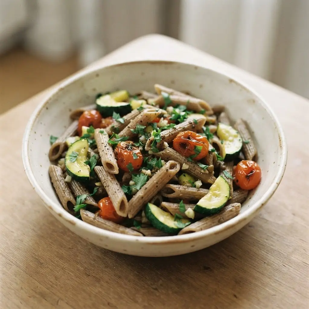 Healthy pasta with lentil penne, sautéed zucchini, tomatoes, and parsley in a shallow bowl.