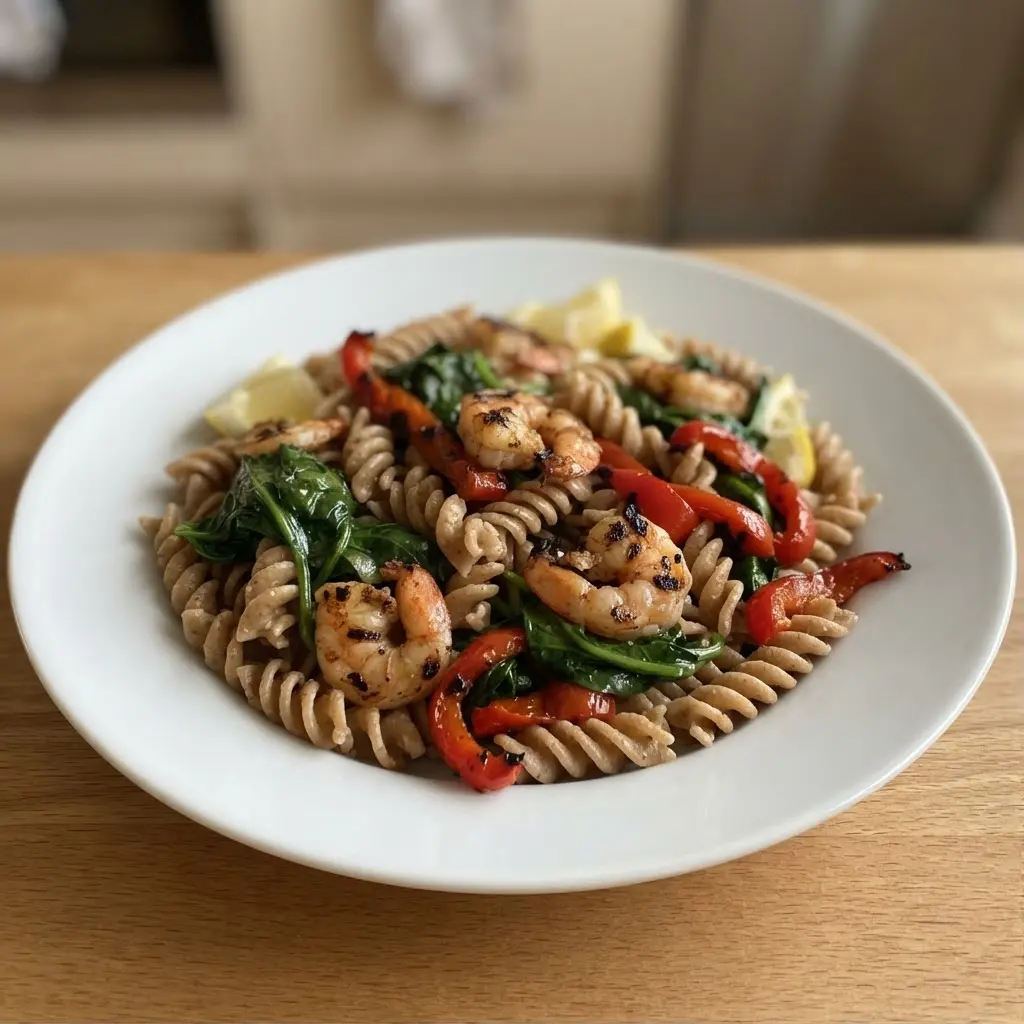 Whole grain fusilli mixed with grilled shrimp, spinach, lemon slices, and red peppers on a plate.