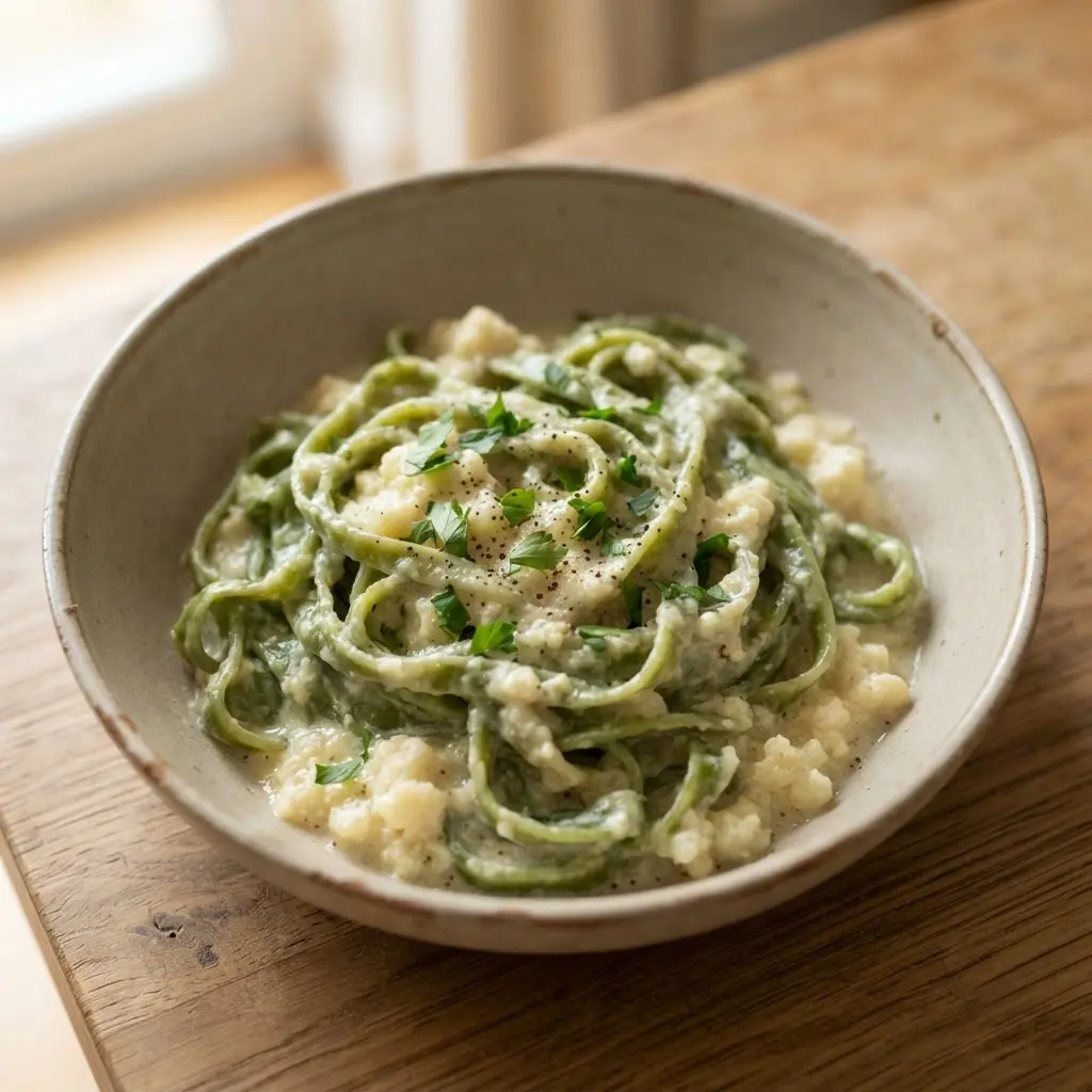 Healthy pasta with spinach fettuccine covered in cauliflower puree sauce and topped with parsley.