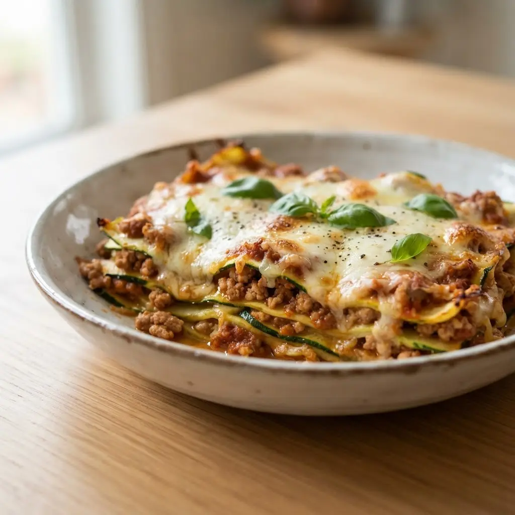 Baked zucchini noodle lasagna with turkey, tomato sauce, melted cheese, and basil in a casserole dish.