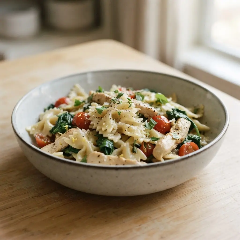 Farfalle pasta with sliced lemon garlic chicken, spinach, cherry tomatoes, and herbs in a bowl.