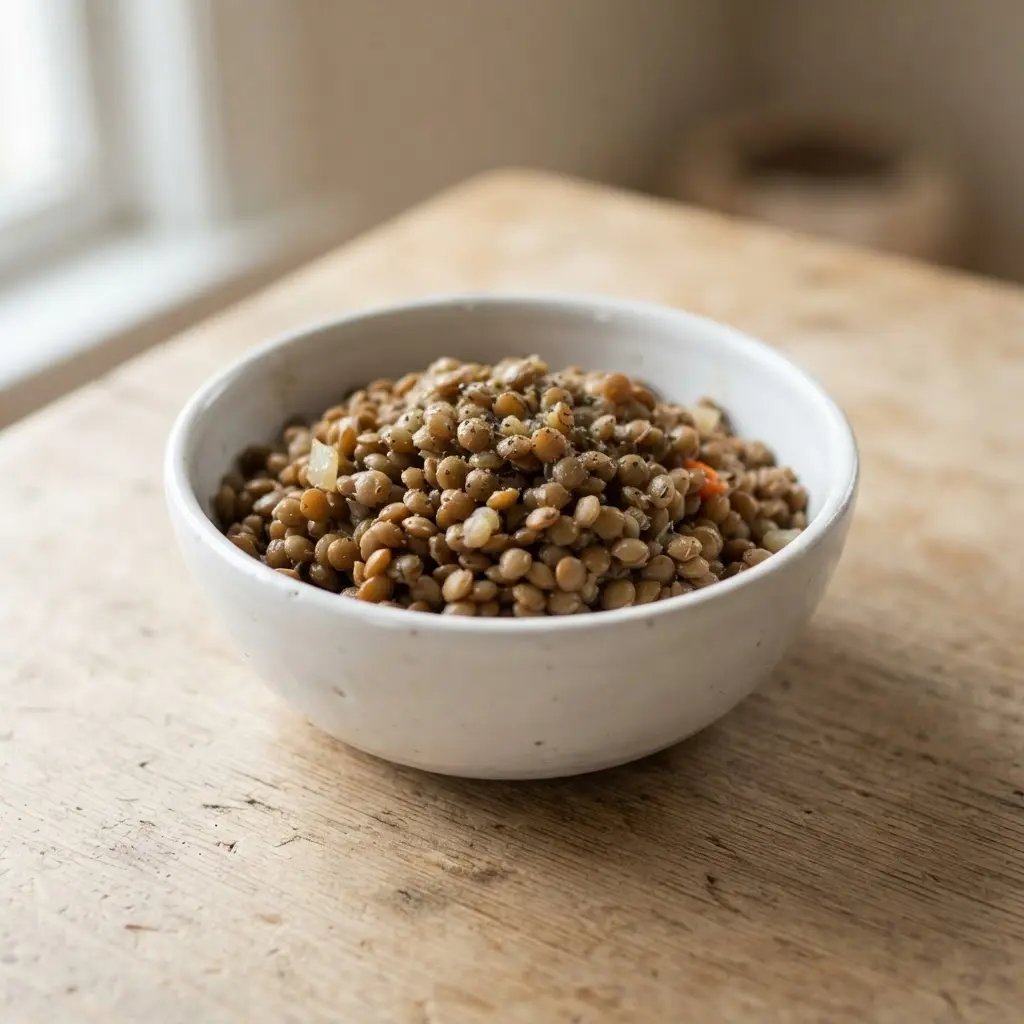 Lentils in a plain white bowl on a plain wooden surface.