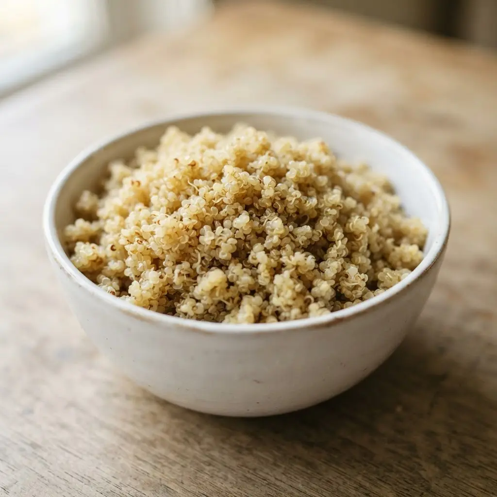 Quinoa in a plain white bowl in close-up.