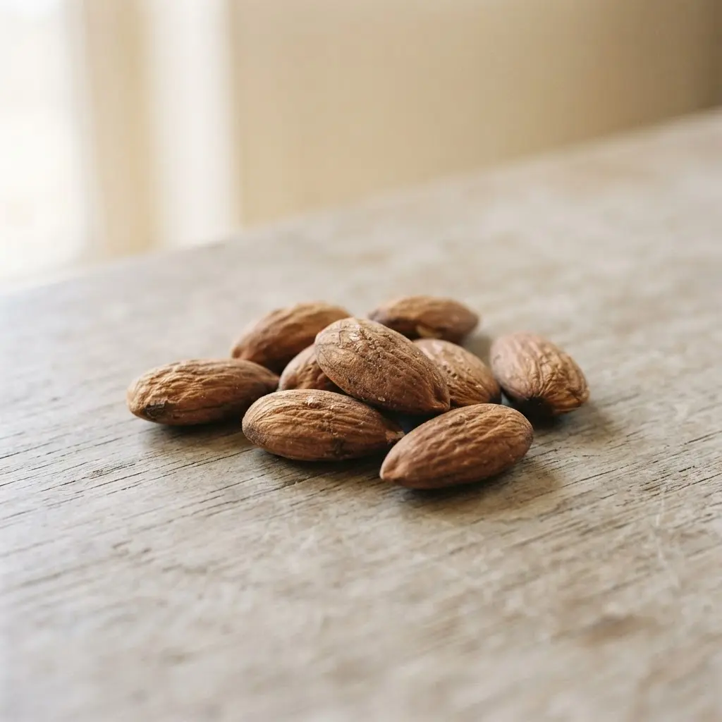 Almonds on a plain wooden surface.