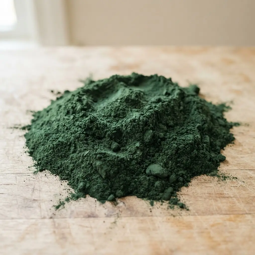 Spirulina powder on a plain wooden surface.