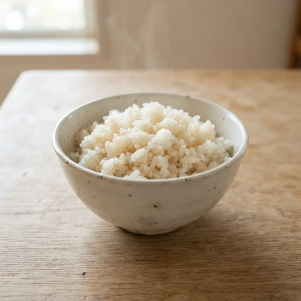Rice in a plain white bowl on a plain wooden surface.