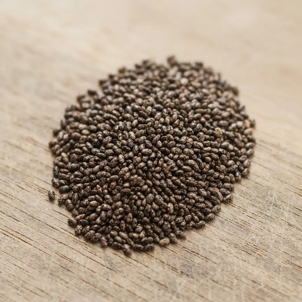 Chia seeds on a plain wooden surface.