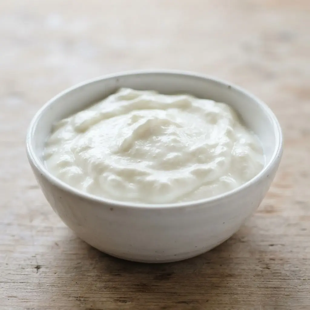 Greek yogurt in a plain white bowl in close-up.