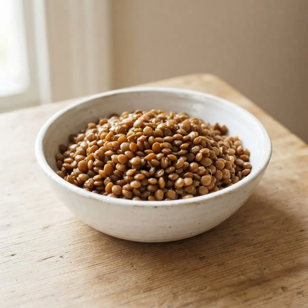 Lentils in a plain white bowl on a plain wooden surface.